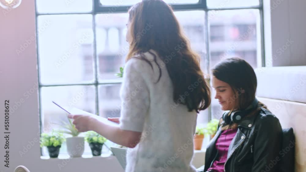 Poster startup, document and women with teamwork in workspace for project update, portfolio review and empl