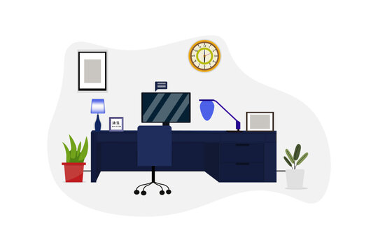 Table in empty office room. Interesting design in office space for employees, rent and sale of office. Full ad banner, poster, web. modern interior. Vector cartoon image