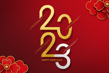 2023 Chinese New Year greeting card Zodiac sign with paper cut. Year of the Rabbit. Golden and red ornament. Concept for holiday banner template. Translation : Happy chinese new year 2023