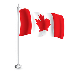 Canadian Flag. Isolated Realistic Wave Flag of Canada Country on Flagpole.