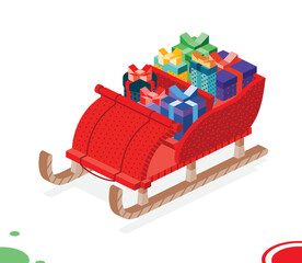 Isometric Christmas Open Sleigh with Bunch Gift Boxes. Holiday Concept.