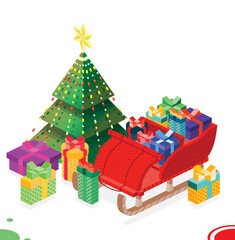 Isometric Open Sleigh with Bunch Gift Boxes and Christmas Tree.