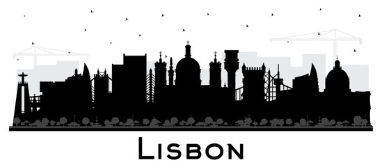 Lisbon Portugal City Skyline Silhouette with Black Buildings Isolated on White.