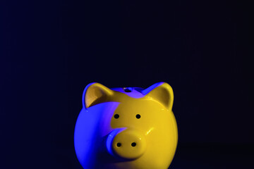 Piggy bank on black background with blue - yellow backlight. Ukrainian flag. Banking concept. Bright neon lights
