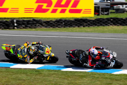 Aleix Espargaro of Spain on the Aprilia Racing Aprilia followed by Marco Bezzecchi of Italy on the Vr46 Racing Team Ducati during the MotoGP race at The 2022 Australian MotoGP.