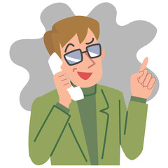 ほくそ笑んで電話で話す男性の上半身