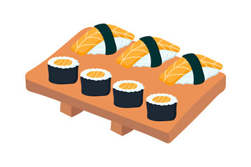 A set of sushi and rolls with salmon on a wooden plate