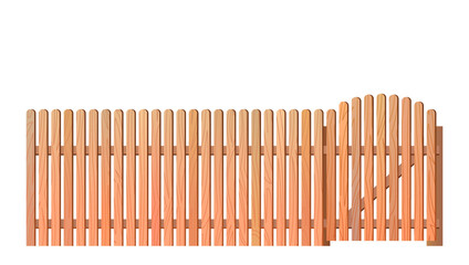 New unpainted wooden fence made of boards and picket fence. Isolated on white background Vector.