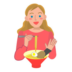 ラーメンを食べる外国人女性の上半身