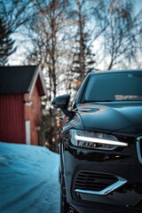 Obraz premium Vertical of the headlight of a black luxury car with trees and a house in the blurred background