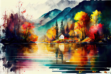 Obraz na płótnie Canvas autumn lake water painting