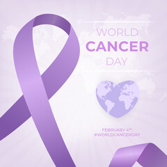 World Cancer Day February 4th illustration with ribbon purple on sunburst background