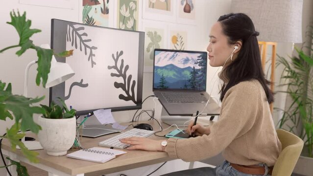 Illustration, home office and woman graphic designer, digital drawing artist or web designer listen to music for creativity inspiration. Worker, desk and creative technology, sketch pen for branding.