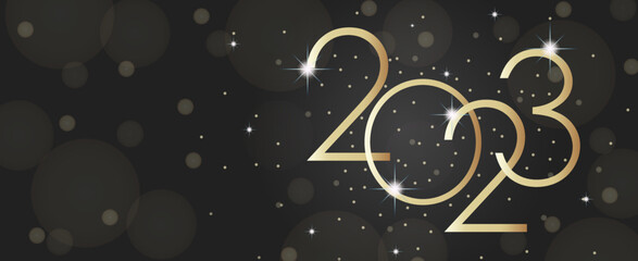 Fototapeta na wymiar Happy new year 2023. Gold paper numbers on dark background. Holiday greeting card design.