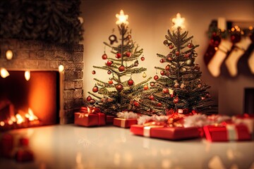 Fototapeta na wymiar Christmas Milk & Cookies for Santa Christmas Tree Fireplace Presents Home Holiday Fireplace Background Image