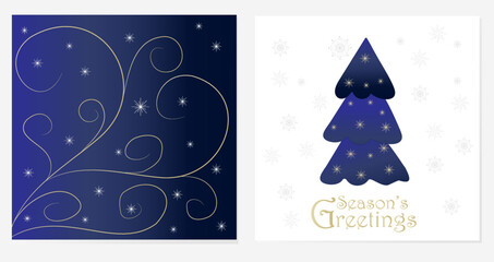 Festively decorated New Year and Christmas card, blue background, Christmas tree, snowflake, star, golden brush waves. For a poster, a corporate greeting card, a greeting card. Hand drawing.