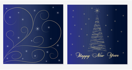 Naklejka na ściany i meble Festively decorated New Year and Christmas card, blue background, Christmas tree, snowflake, star, golden brush waves. For a poster, a corporate greeting card, a greeting card. Hand drawing.