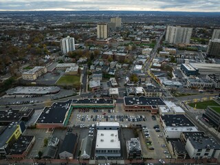 Aerial view of modern buildings and streets in Fort Lee, New Jersey at sunset