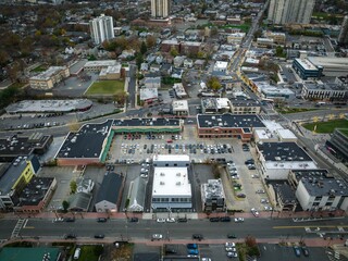Aerial view of modern buildings and streets in Fort Lee, New Jersey at sunset