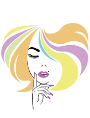 Vector Stock Woman with braid. Illustration with beauty fashion model girl with colorful long dyed hair. Portrait of a beautiful woman with colouring rainbow hair, curly long haircut, salon icon