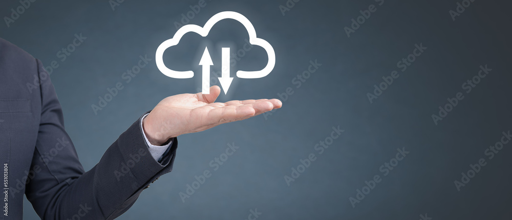 Poster cloud service on businessman hand. cloud computing service concept connect to cloud. businessman off