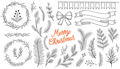 Set Christmas leaves plants hand drawn vector. Drawing beautiful creeper leaf, decorative set with leaves and lettering. Vector illustration. Hand draw elements set collection stars and sun vector