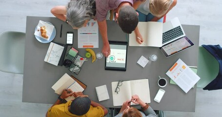 Planning, tablet or business people with technology for business meeting, collaboration or advertising creative strategy. Startup top view, digital agency or teamwork in office for digital marketing