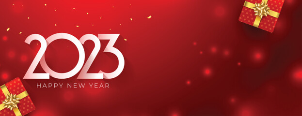 new year eve 2023 red banner with christmas giftbox