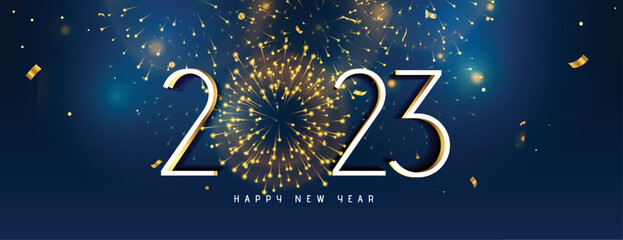 new year eve 2023 celebration banner with firework - obrazy, fototapety, plakaty