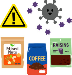 カビのキャラクターとナッツ、コーヒー、レーズン