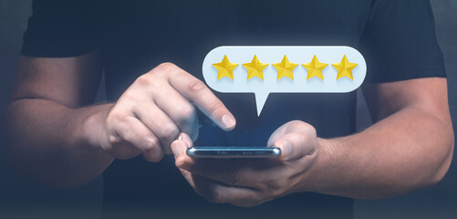 Client satisfaction survey. Positive customer opinion. Five star, Good service, hotel, application,...