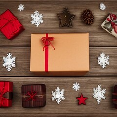 Christmas presents (Hand crafted Christmas gift box) with decorations on dark wooden background in vintage style.png