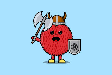 Cute cartoon character Lychee viking pirate with hat and holding ax and shield 