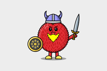 Cute cartoon character Lychee viking pirate with hat and holding sword and shield illustration
