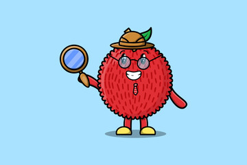 Cute cartoon character Lychee detective is searching with magnifying glass   