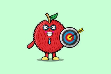 Cute cartoon Lychee businessman holding target and arrow with happy expression  