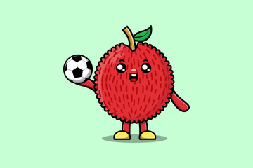 Cute cartoon Lychee character playing football in flat cartoon style illustration