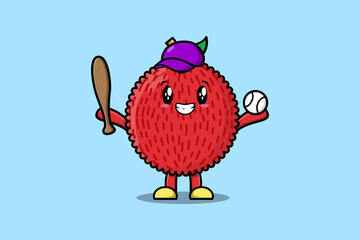 Cute cartoon Lychee character playing baseball in modern style design