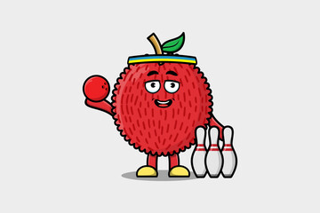 Cute cartoon Lychee character playing bowling in flat modern style design illustration
