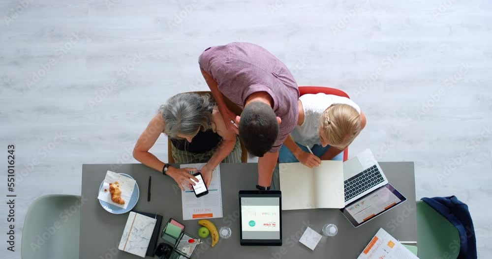Aufkleber business people, working and tablet planning top view at office desk with teamwork for project. coll
