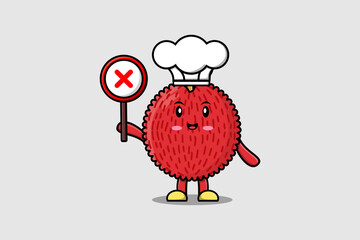cute cartoon Lychee chef holding wrong sign board in vector character illustration