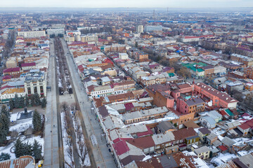 Aerial view of Prospect Mira on winter day. Vladikavkaz, North Ossetia, Russia.