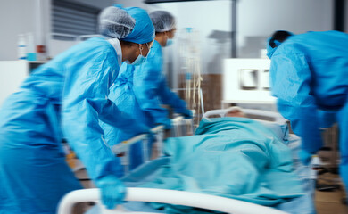 Women, man and hospital bed in motion blur of emergency surgery, healthcare wellness or risk condition operation. Doctors, nurses and medical workers with patient in busy er, theatre room or teamwork - Powered by Adobe