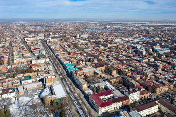 Aerial view of Prospect Mira and National Museum of Alania complex on sunny winter day....