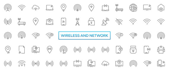 Fototapeta na wymiar Wireless and Network vector line icon set. Contains linear outline icons like Connection, Signal, Internet, Phone, Radio, Computer, Wifi, Communication, Antenna