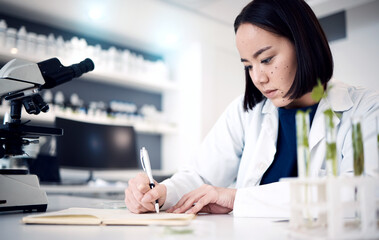 Obraz na płótnie Canvas Scientist, woman and writing notes in laboratory, record test results, data analysis of science experiment. Asian doctor, research study and scientific innovation, notebook and pen at Japanese lab.