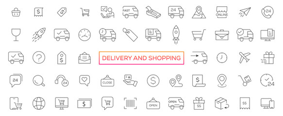 Delivery and shopping line icons collection. Big UI icon set. Thin outline icons pack