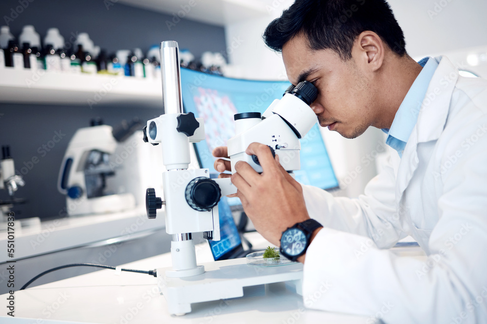Poster microbiology, research and scientist in a lab with a microscope for science, healthcare innovation a