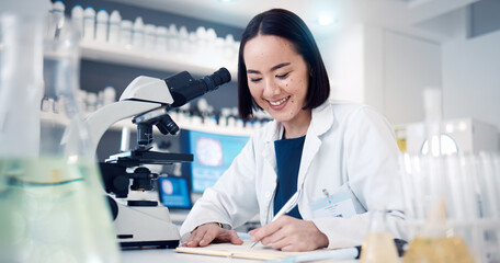 Science, notes and woman in laboratory for data analysis, research and test results with microscope technology innovation. Writing, notebook and asian pharmaceutical pharmacist or scientist in clinic