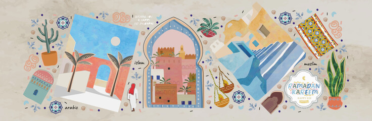 Ramadan Kareem! Eid Mubarak! Islamic holiday vector illustrations, Arabic architecture,  pattern and background for a poster, congratulation or card
 - obrazy, fototapety, plakaty